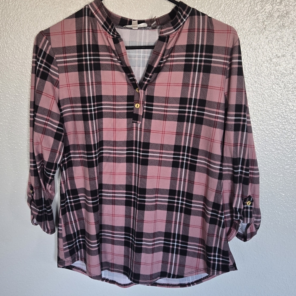 Claudia Richard Pink and Black Plaid Blouse